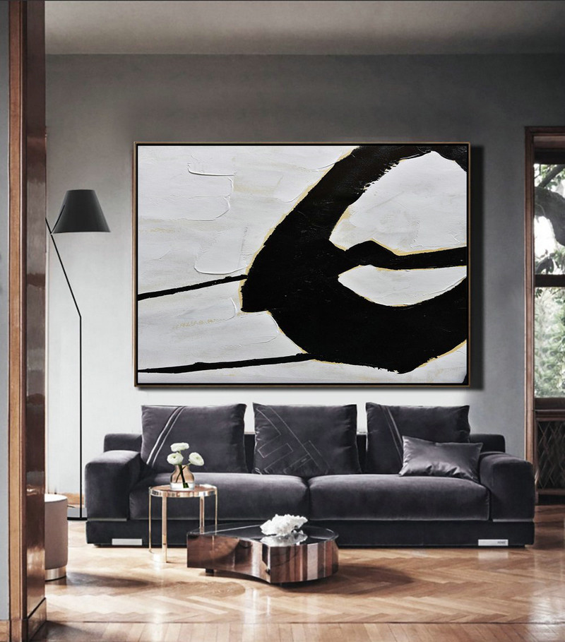 Modern Paintings On Canvas,Horizontal Palette Knife Minimal Canvas Art Painting Black White Beige - Hand Painted Abstract Art